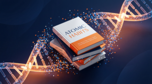 Atomic Habits Book Summary: A stack of books with glowing atomic particles, symbolizing the compounding effect of small habits and daily growth.